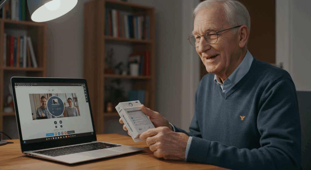 🎨 Prompt:
 A smiling elderly man sitting in front of a laptop, showing a printed sleep tracker on a video call or group chat screen. The background includes a bookshelf and soft home lighting. Tone: friendly, inspiring, collaborative. Style: photorealistic, candid moment.
