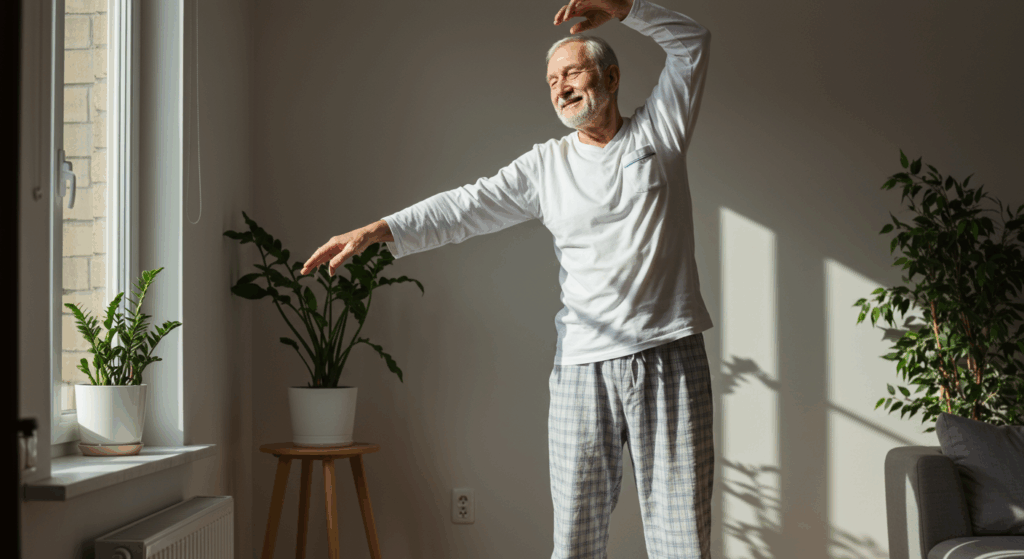 🎨 Prompt:
 An elderly man in pajamas is standing in morning sunlight, stretching with a smile. Clean room, window open, plants in the background. Bright, fresh morning vibe. Style: lifestyle, light tones, high realism.
