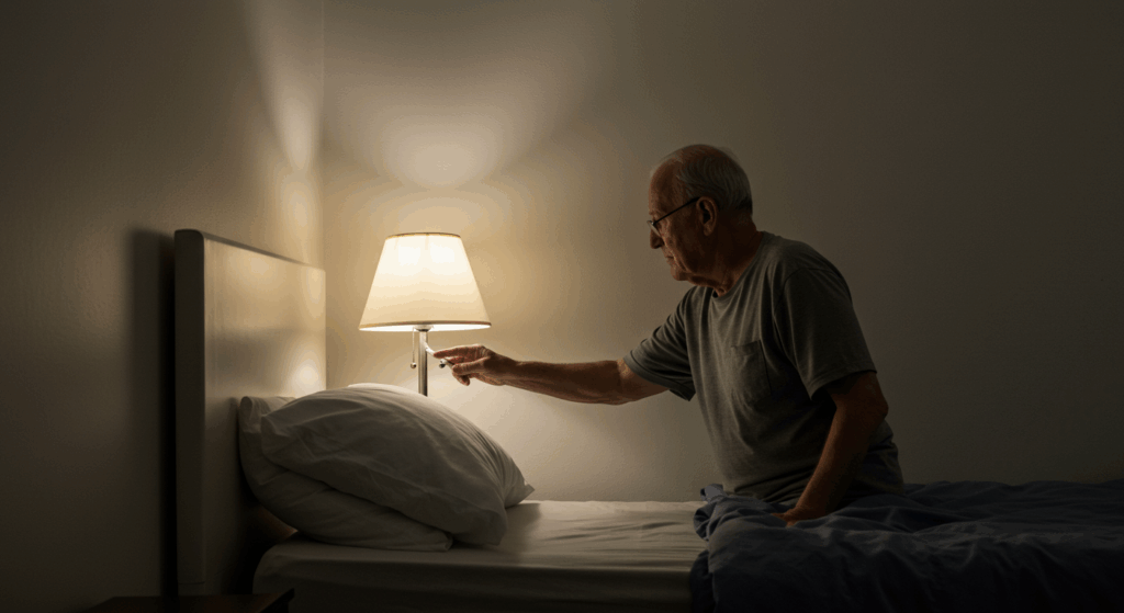🎨 Prompt:
 Quote art-style image: “Sometimes, healing doesn’t begin in a hospital. It begins at home, at 10 PM.”
 Background: silhouette of elderly man switching off bedside lamp at 9:59 PM. Simple, calming, minimal style.
