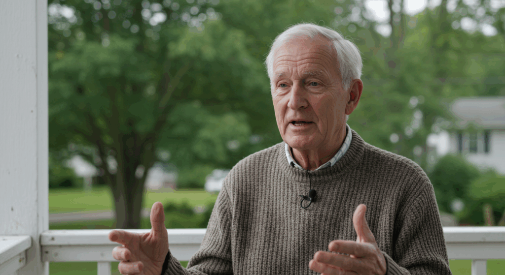An elderly American man with kind eyes (late 60s, white hair, wearing a cozy sweater) sitting on a porch in soft morning light, speaking warmly into the camera, with a background of green trees and a peaceful suburban neighborhood. Emotional, intimate, hopeful tone. Style: Realistic, documentary-style lighting, shallow depth of field. 