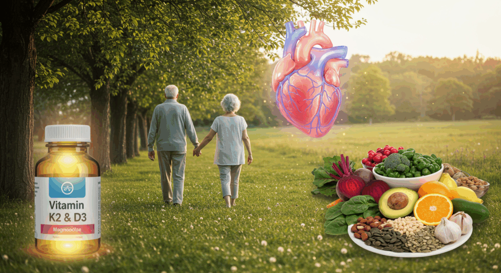 A serene, health-focused scene featuring an elderly couple enjoying a walk in nature, surrounded by symbolic elements of natural blood clot prevention. Highlight key natural remedies: a glowing bottle labeled 'Vitamin K2 & D3', a bowl of magnesium-rich foods (like dark chocolate, nuts, avocados), and a vibrant spread of nitric oxide-boosting vegetables like beets, spinach, garlic, citrus fruits, and seeds. In the background, show a glowing heart with smooth-flowing arteries, symbolizing healthy circulation. Soft lighting, natural colors, peaceful atmosphere, health and longevity theme."