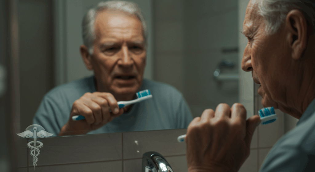 “Close-up of senior man’s hand trembling while brushing teeth, reflection in mirror looks concerned, dim bathroom lighting with soft vignette, medical symbol faint in background, caption: ‘Don’t Ignore The Small Signs’”
