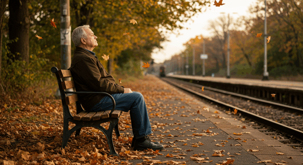 Prompt 4:
 Harold (elderly man) is sitting alone on a rusty old bench by a train station, surrounded by falling autumn leaves. He’s calmly closing his eyes, breathing deeply. Soft golden hour light, peaceful and quiet atmosphere. The scene conveys emotional healing and internal stillness.
