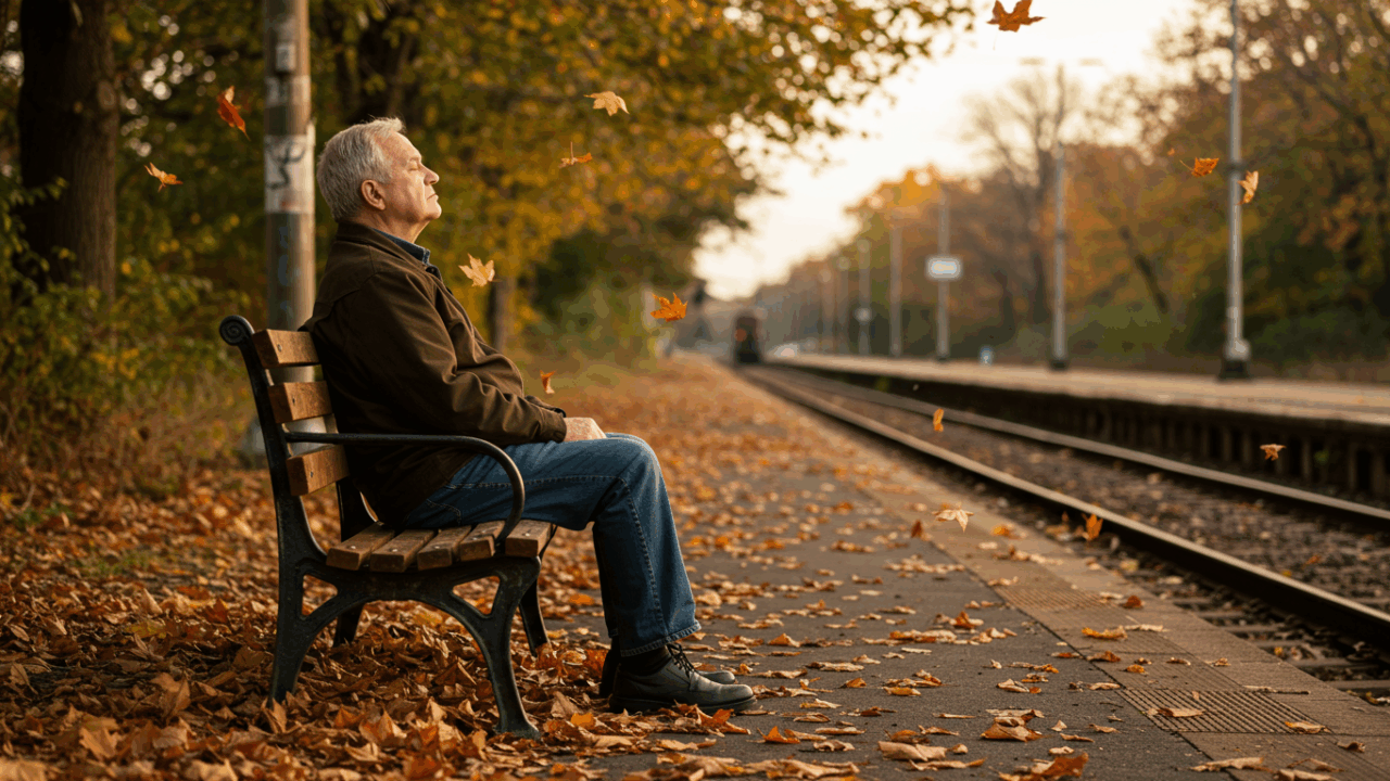 Prompt 4: Harold (elderly man) is sitting alone on a rusty old bench by a train station, surrounded by falling autumn leaves. He’s calmly closing his eyes, breathing deeply. Soft golden hour light, peaceful and quiet atmosphere. The scene conveys emotional healing and internal stillness.