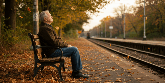Prompt 4: Harold (elderly man) is sitting alone on a rusty old bench by a train station, surrounded by falling autumn leaves. He’s calmly closing his eyes, breathing deeply. Soft golden hour light, peaceful and quiet atmosphere. The scene conveys emotional healing and internal stillness.
