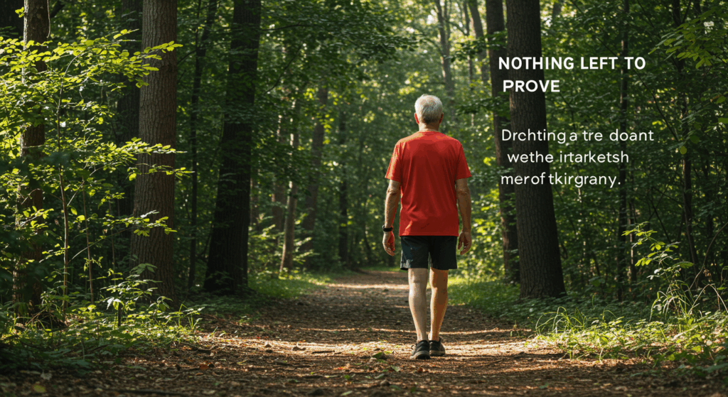 Prompt 5:
 An older man walking alone down a new trail surrounded by trees, hands relaxed, no pedometer in sight. Natural lighting, forest path. Expression: peace, not chasing goals. Caption floating nearby: “Nothing left to prove.” High realism, gentle color tones.
