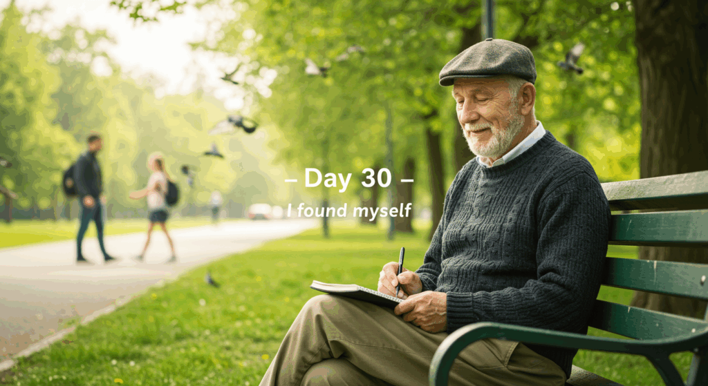 Prompt 6:
 An elderly man sitting on a park bench with a notebook on his lap, writing. Behind him: soft green landscape, birds flying, father and daughter crossing the street in the distance. He smiles faintly. Text overlay (optional): “Day 30 — I found myself.” Gentle mood, soft-focus.
