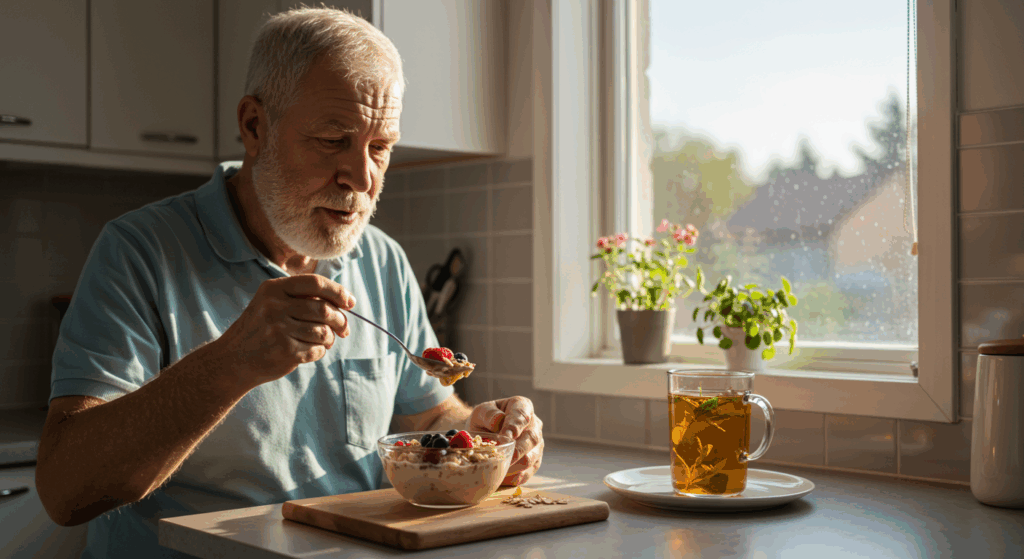 Morning sunlight through a kitchen window. A senior man is eating oatmeal with berries and sipping herbal tea. The clock shows 7:30 AM. The mood is fresh and calm, representing healthy breakfast habits.
