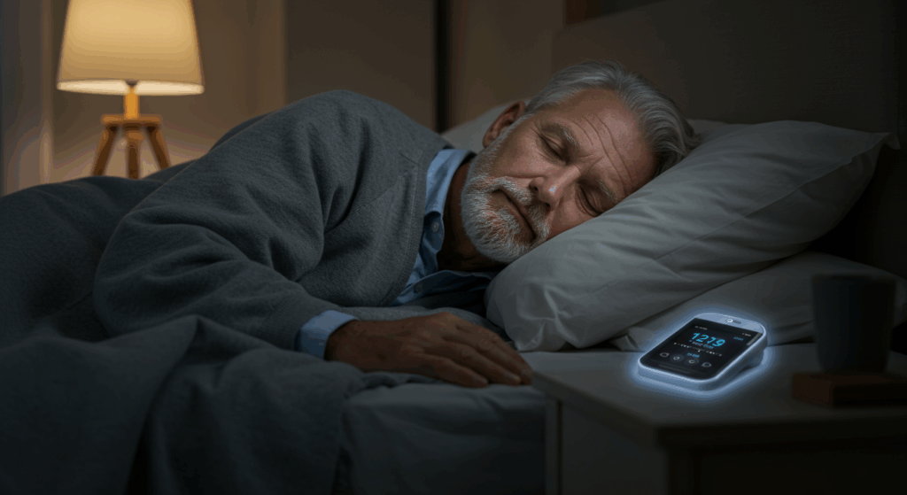 An elderly man sleeping peacefully in a dimly lit bedroom, soft blankets, with a sleep tracker glowing gently nearby. The setting is serene, with warm lighting and a quiet sense of rest and recovery.
