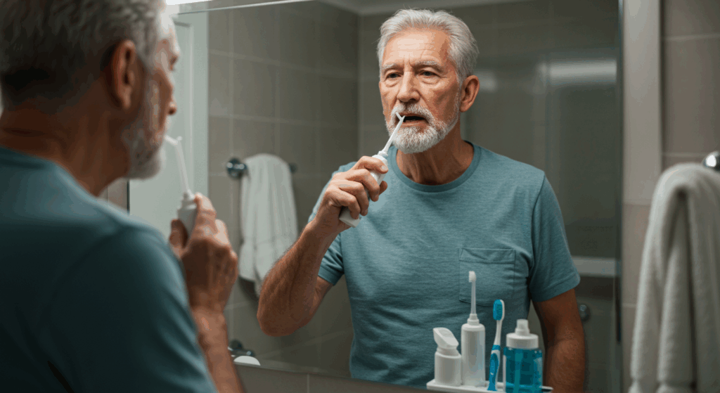 A senior man standing at the bathroom mirror using a water flosser. A toothbrush, floss, and antiseptic mouthwash are neatly arranged. Light is bright and clinical, but the expression is determined and responsible.
