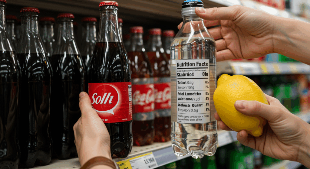 A hand placing a bottle of soda back on the store shelf, while holding a lemon water in the other hand. Behind is a nutrition label showing "0g added sugar". Mood: Empowered, educational, clean eating.
