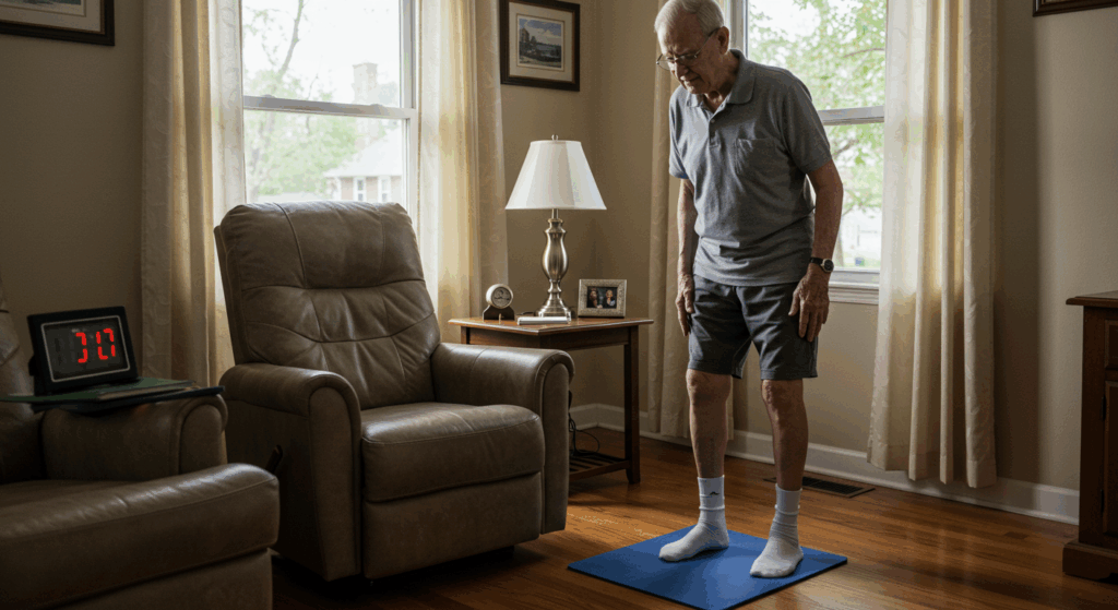 A 76-year-old man standing and stretching beside his recliner, a timer ringing in the background. His legs show slight improvement. The setting is a cozy living room with natural daylight coming in.
