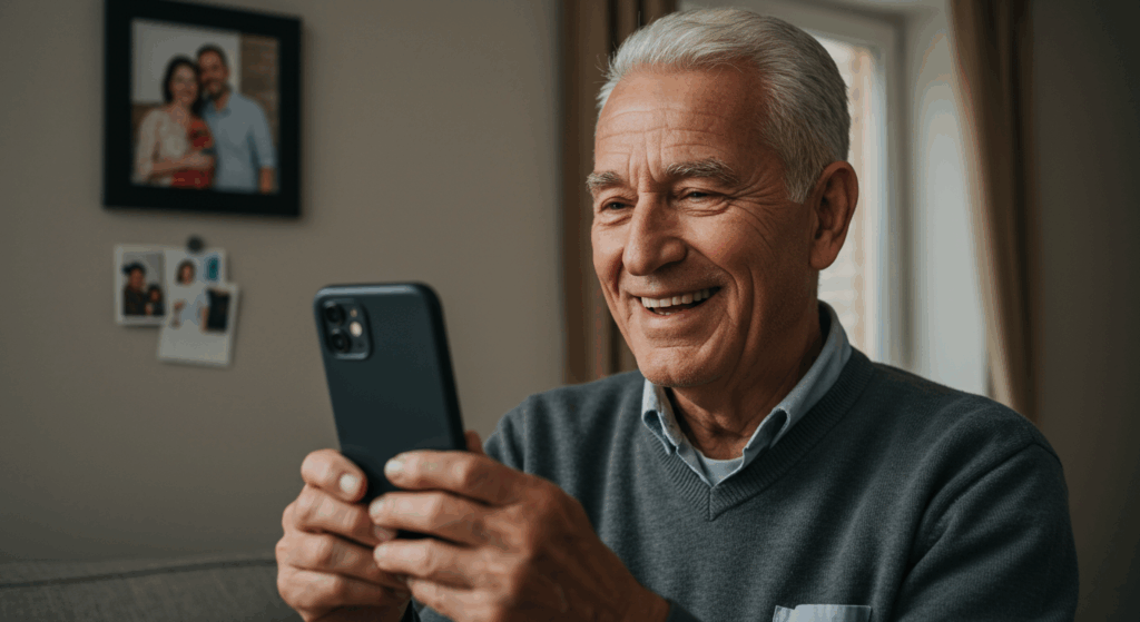 A senior man holding a phone and smiling warmly during a video call. A photo of a loved one is pinned on the wall behind him. The mood is heartwarming, symbolizing connection and emotional healing.
