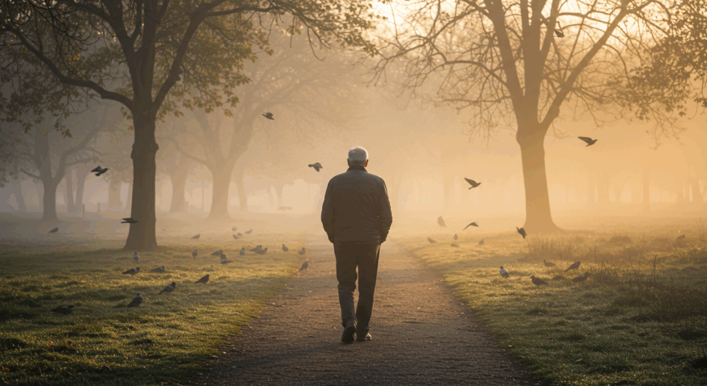 An elderly man walking in a park trail at sunrise, surrounded by trees and birds. He walks slowly, hands behind his back, with calm and content energy. Natural lighting with soft fog in background.
