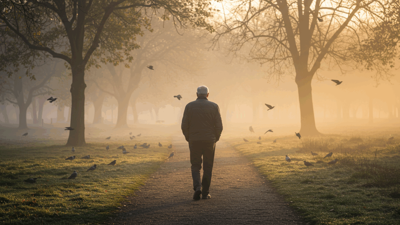An elderly man walking in a park trail at sunrise, surrounded by trees and birds. He walks slowly, hands behind his back, with calm and content energy. Natural lighting with soft fog in background.