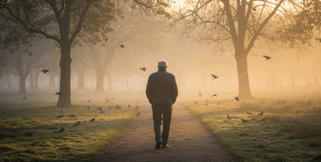 An elderly man walking in a park trail at sunrise, surrounded by trees and birds. He walks slowly, hands behind his back, with calm and content energy. Natural lighting with soft fog in background.