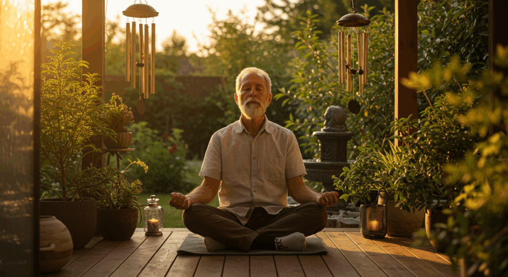 A senior man sitting cross-legged in a garden or porch, eyes closed, practicing 4-4-6 breathing. Around him are plants, a small fountain, and soft wind chimes. Light is golden, symbolizing peace and clarity.
