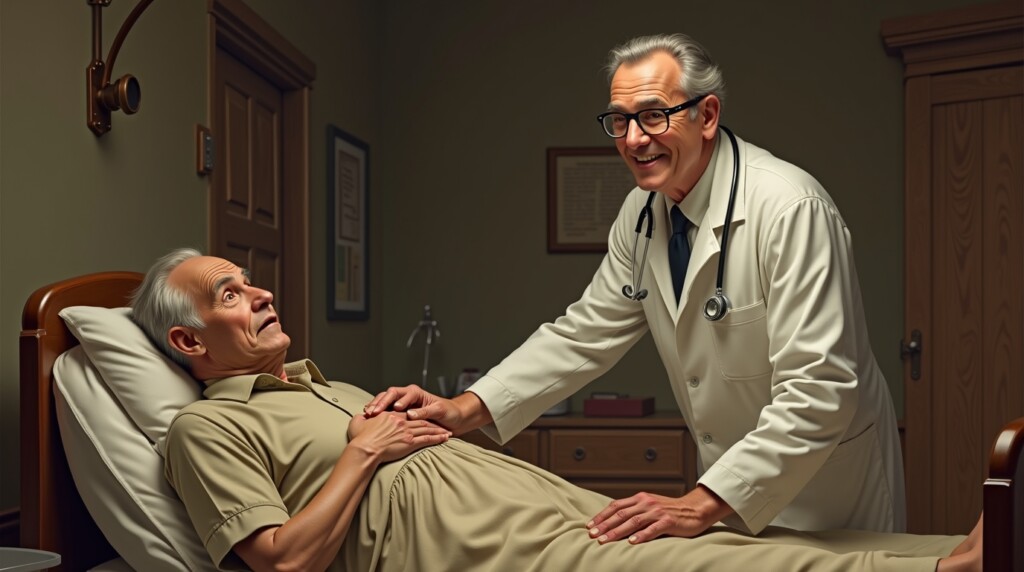 Prompt ảnh:
 “Vintage medical illustration of a 1930s doctor demonstrating the leg raise test on an elderly male patient, sepia tone, old hospital background, calm and informative”
