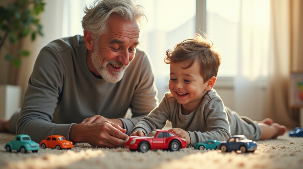 Prompt ảnh:
 “Grandfather playing toy cars with joyful grandson on carpet, soft natural light through window, warm smiling expressions, peaceful domestic scene – heartwarming cinematic realism”
