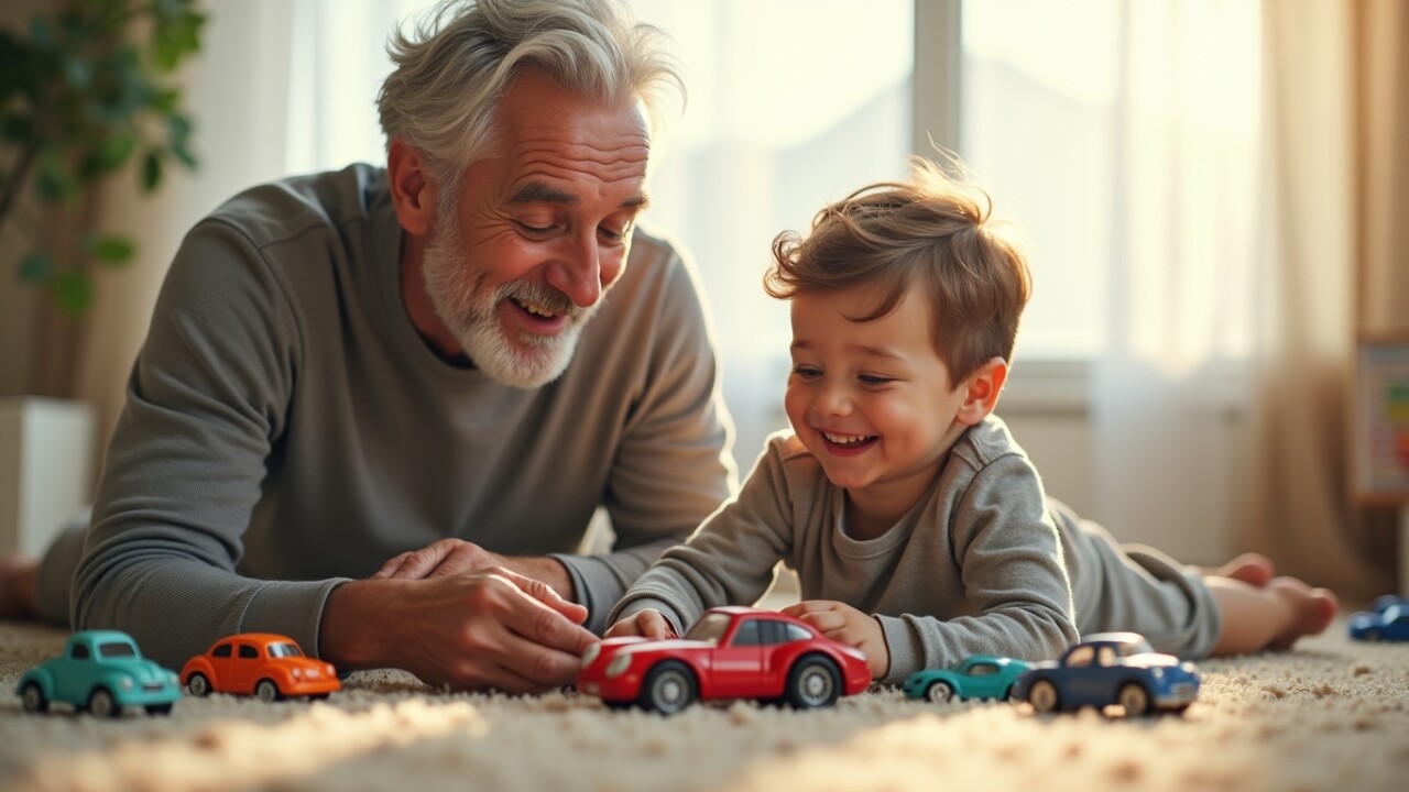 Prompt ảnh: “Grandfather playing toy cars with joyful grandson on carpet, soft natural light through window, warm smiling expressions, peaceful domestic scene – heartwarming cinematic realism”