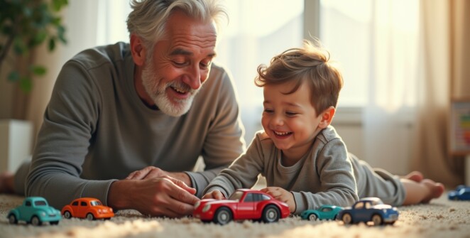 Prompt ảnh: “Grandfather playing toy cars with joyful grandson on carpet, soft natural light through window, warm smiling expressions, peaceful domestic scene – heartwarming cinematic realism”