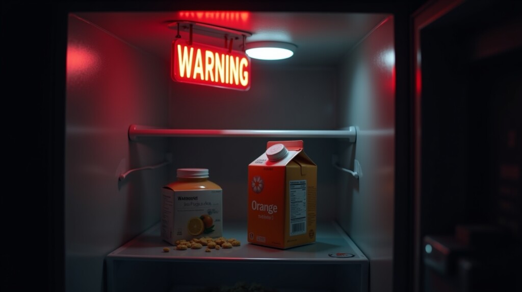 Prompt ảnh:
 “Inside a refrigerator with a spotlight on a carton of orange juice and a box of cereal with a glowing red ‘WARNING’ sign over them, dark, moody background, high contrast realism.m”

