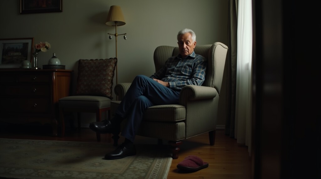 Prompt:
 A senior man sitting in a living room armchair, motionless, with slippers nearby. Time passes, light shifts across the room. Stillness and isolation are emphasized. Moody light, realistic textures.