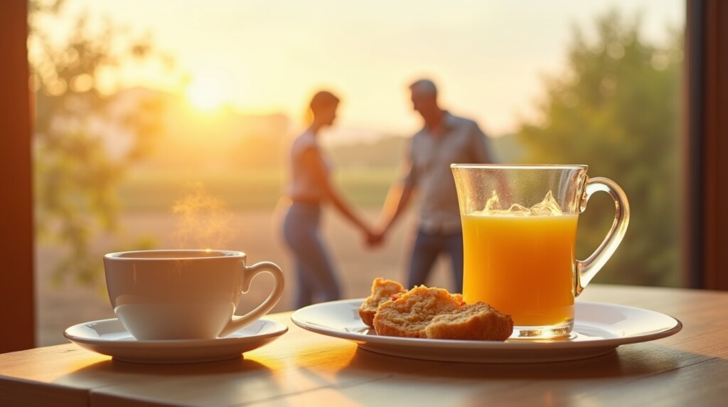 Prompt:
 A warm, uplifting morning routine collage: water glass, light stretching, a healthy breakfast, calm sunrise, and a peaceful elderly couple walking outside. Soft golden tone, hopeful mood, minimal aesthetic, lifestyle photo.
