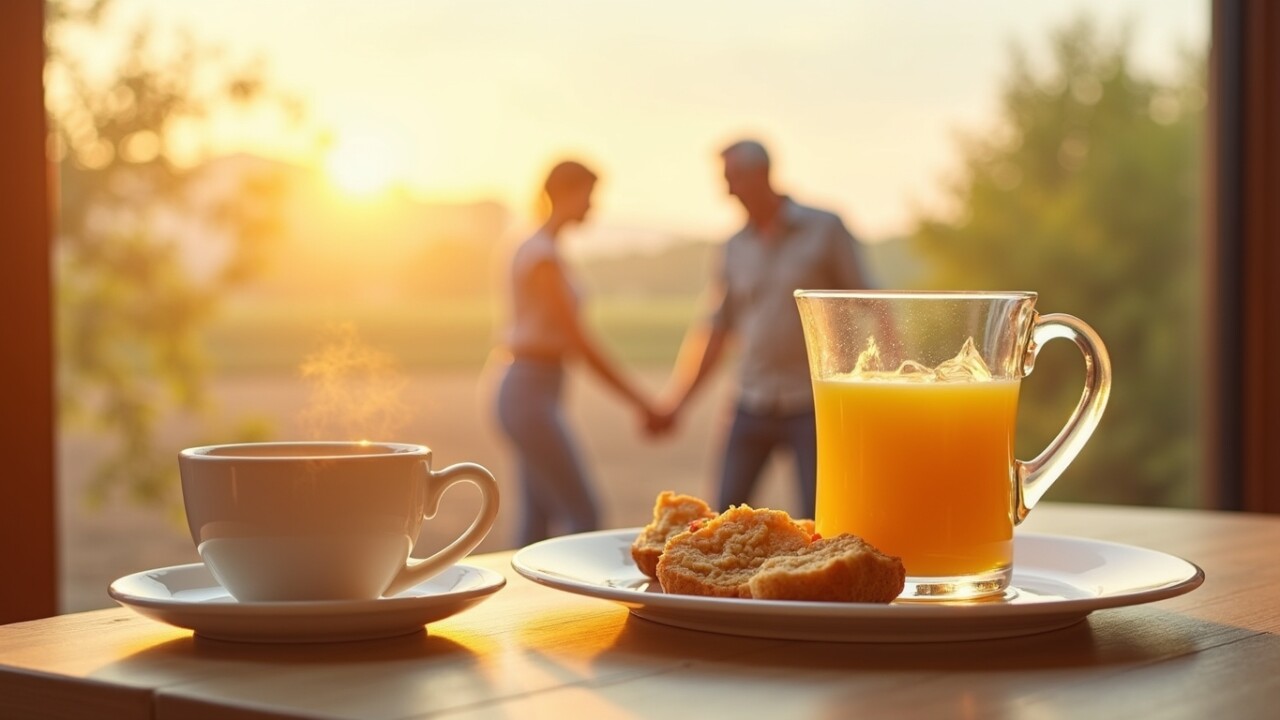 Prompt: A warm, uplifting morning routine collage: water glass, light stretching, a healthy breakfast, calm sunrise, and a peaceful elderly couple walking outside. Soft golden tone, hopeful mood, minimal aesthetic, lifestyle photo.