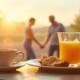 Prompt: A warm, uplifting morning routine collage: water glass, light stretching, a healthy breakfast, calm sunrise, and a peaceful elderly couple walking outside. Soft golden tone, hopeful mood, minimal aesthetic, lifestyle photo.