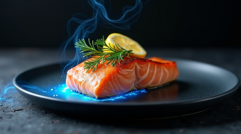 Prompt: Artistic still life photo. A perfectly cooked piece of salmon sits on a dark plate, garnished with dill and lemon. From the salmon, a symbolic, glowing blue stream of light flows peacefully across the table, representing smooth blood flow. Elegant, high-end food photography, symbolic, magical realism.

