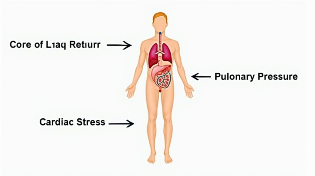 Prompt ảnh:
 “Infographic diagram showing human body with arrows pointing from raised legs to lungs and heart, simplified anatomical view, labeled: ‘Venous Return – Pulmonary Pressure – Cardiac Stress’”
