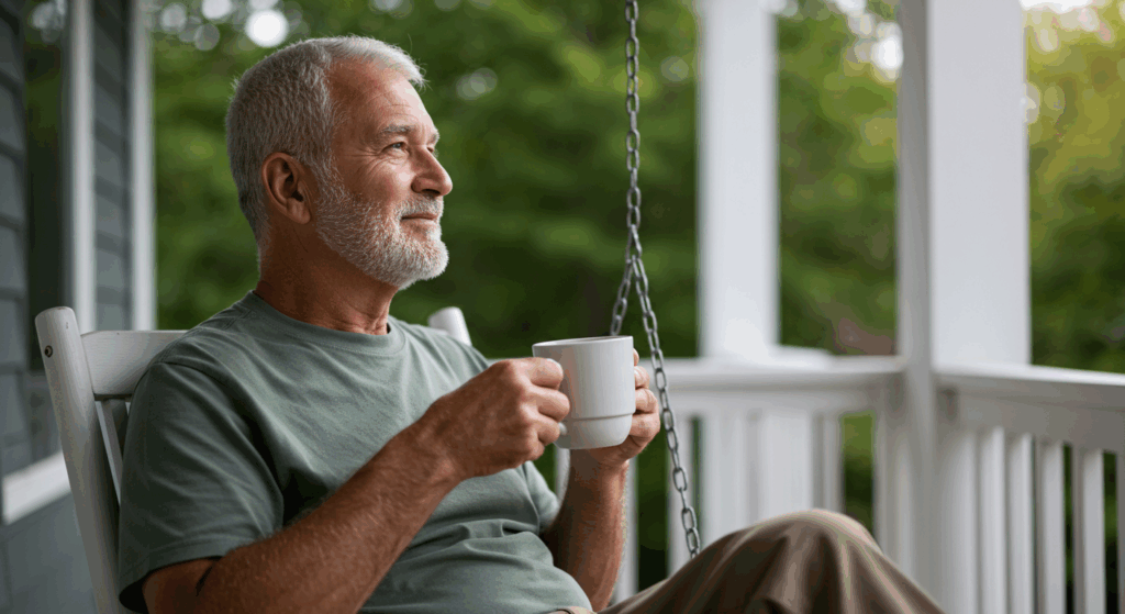 "Create an image of a senior man sitting on a porch swing holding a cup of coffee, gazing into the distance with a thoughtful expression. The background should be peaceful, with soft lighting and a calm, serene environment. The mood should reflect reflection and contemplation."