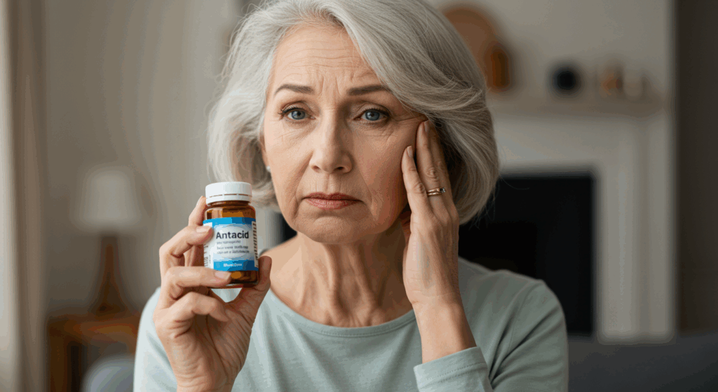 "Design a close-up image of a senior woman holding a bottle of antacid pills with a concerned expression. She should look slightly exhausted, standing in a kitchen or living room, with a blurred background of a cozy home. Emphasize the feeling of uncertainty and subtle worry."