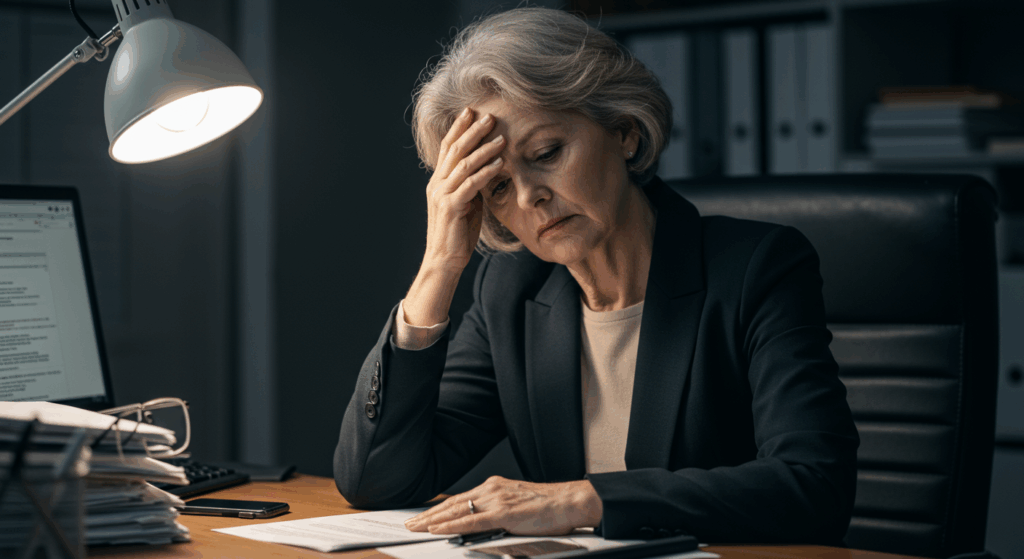 "Generate an image of a senior woman sitting at a desk, looking tired and stressed, with her hand on her forehead. There should be papers and a computer in front of her. The lighting should be soft, with a focus on her tired face and body language indicating exhaustion and mental strain."

