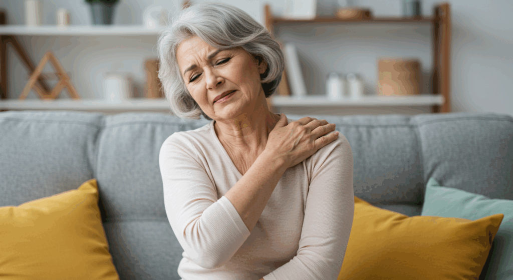 "Create an image of a senior woman massaging her shoulder or neck, with a pained expression on her face. She should be sitting on a couch or in a living room, surrounded by everyday items, such as cushions and a cozy blanket. The image should show a sense of discomfort but also resilience."

