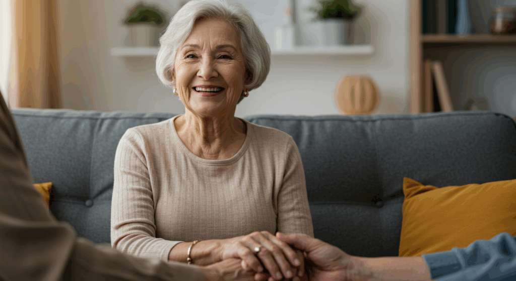 "Design a heartwarming image of a senior woman, Carol, sitting on a couch with a gentle smile. She should look brighter, more energized than in earlier segments, holding hands with a loved one. The background should feel warm and welcoming, symbolizing recovery and gratitude."

