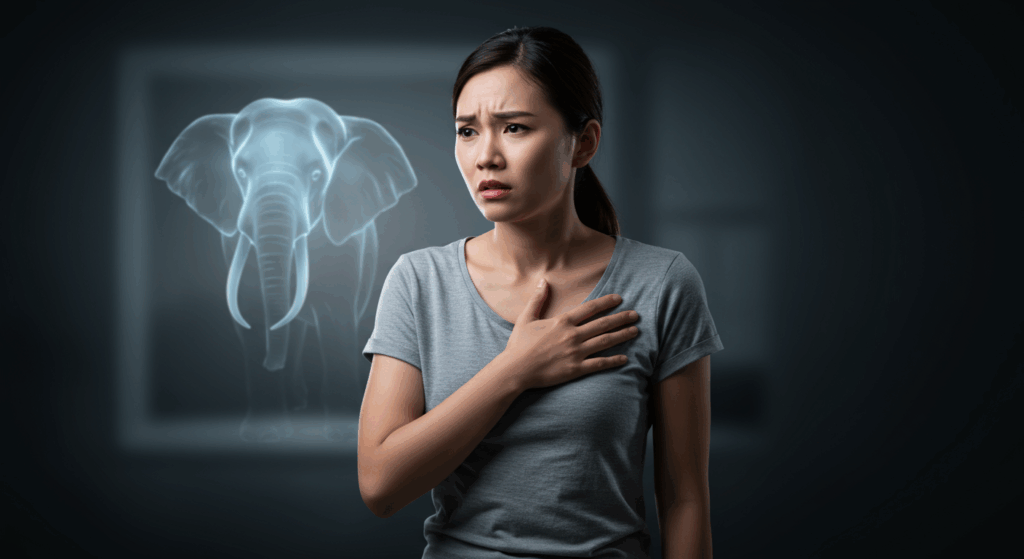 A woman holding her chest with a concerned expression, standing in front of a blurred background that gradually transitions from a calm setting to a shadowy, ominous one. In the background, a large, translucent elephant subtly appears, symbolizing the silent heart attack – looming but not obvious, with faint glowing edges.

