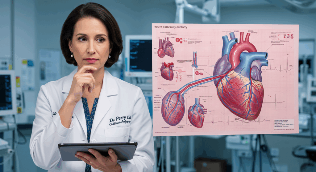 A close-up of a female cardiologist (Dr. Perry) in a white coat, looking thoughtful while analyzing heart data on a tablet. Beside her, a medical chart shows the difference between male and female heart anatomy, highlighting smaller coronary arteries. The background shows a hospital setting with high-tech equipment, signifying the cutting-edge knowledge Dr. Perry shares.

