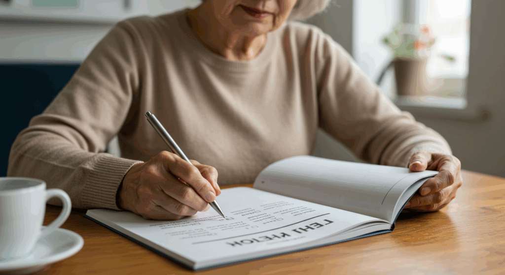 A serene image of an older woman sitting at a table, pensively writing in a journal, as if taking a personal health test. The journal shows a simple checklist with health risk factors like high blood pressure, cholesterol, and smoking. Soft lighting gives the image a warm, hopeful feel, symbolizing empowerment through self-awareness.

