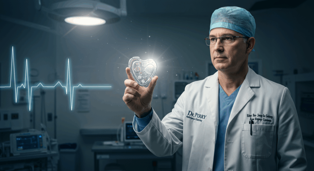 A hopeful image of a doctor (Dr. Perry) holding up a futuristic heart device, like a heart implant or pacemaker, in a sterile medical room. The image should convey innovation and hope. In the background, the faint outline of a heart monitor shows steady, healthy heartbeats. A subtle light burst adds a sense of breakthrough.


