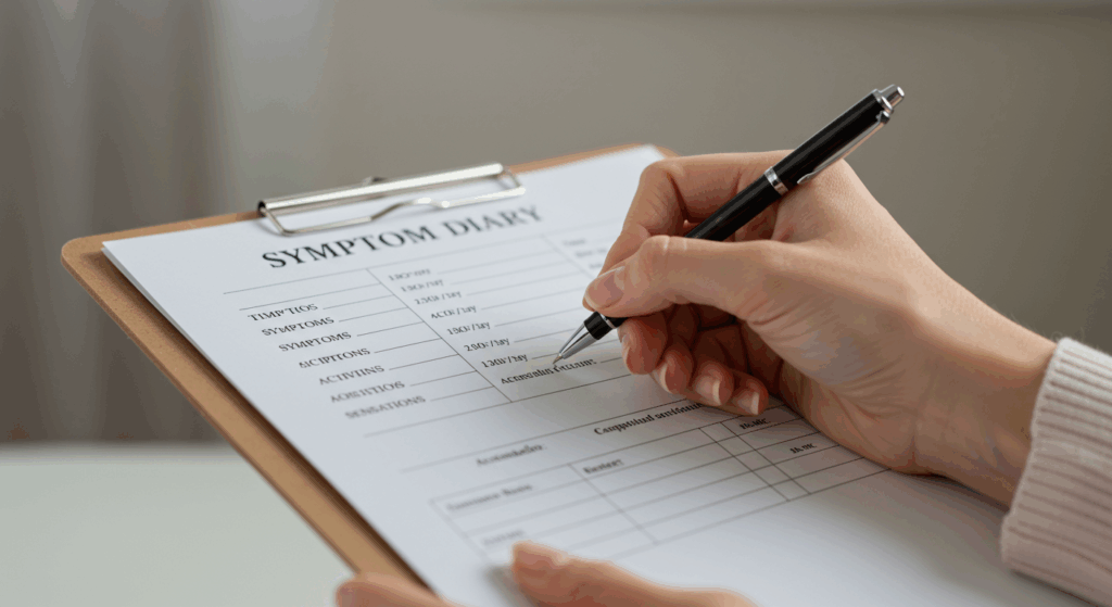 A close-up of a hand filling out a 'Symptom Diary' on a clipboard, with clear, easy-to-read columns for time, symptoms, activity, and accompanying sensations. The woman’s hand is steady and confident, symbolizing proactive health management. The background is soft, with a slight blur, creating a calm and focused atmosphere.

