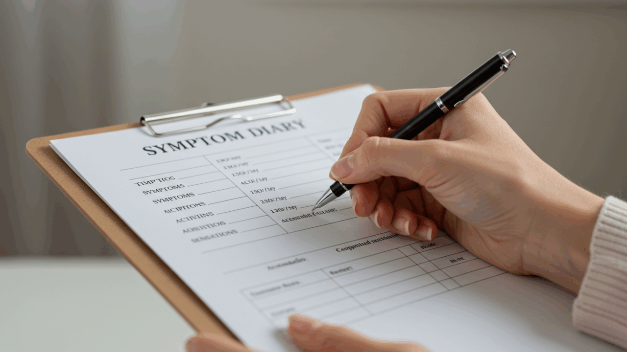 A close-up of a hand filling out a 'Symptom Diary' on a clipboard, with clear, easy-to-read columns for time, symptoms, activity, and accompanying sensations. The woman’s hand is steady and confident, symbolizing proactive health management. The background is soft, with a slight blur, creating a calm and focused atmosphere.