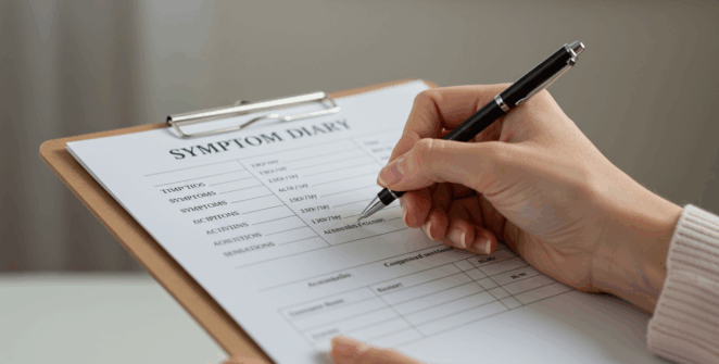 A close-up of a hand filling out a 'Symptom Diary' on a clipboard, with clear, easy-to-read columns for time, symptoms, activity, and accompanying sensations. The woman’s hand is steady and confident, symbolizing proactive health management. The background is soft, with a slight blur, creating a calm and focused atmosphere.