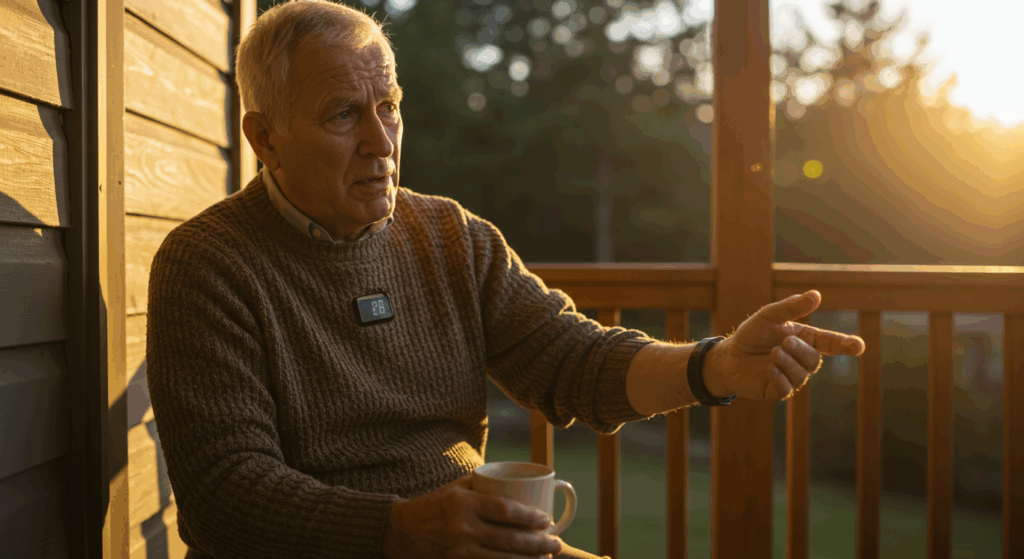“An elderly man sitting alone on a wooden porch at sunrise, holding a digital wrist heart rate monitor, looking confused and concerned, wearing a cozy sweater, coffee cup nearby, golden morning light, emotional tone” 