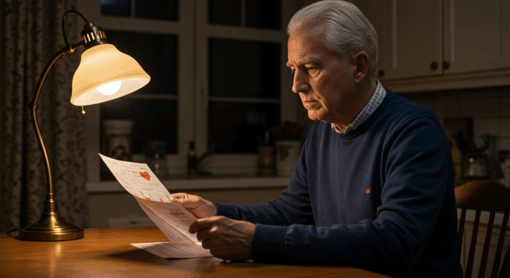 “A senior man with silver hair sitting at a kitchen table, reading medical research papers with a printout of heart rate ranges, old-fashioned table lamp lighting the page, thoughtful expression, health anxiety mood” 
