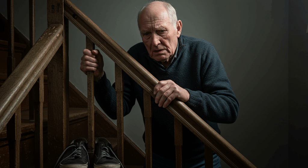 “An older man holding onto a stair railing, looking weak and disoriented, cold hands visible, socks and shoes untied nearby, muted morning colors, high emotional tension” 