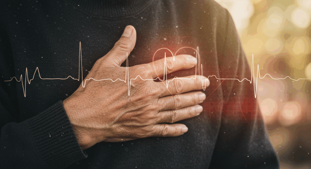 “Close-up of an elderly man’s hand resting over his heart, with faded heart monitor lines superimposed in background, soft bokeh effect, warm nostalgic light, message of peace and wisdom” 