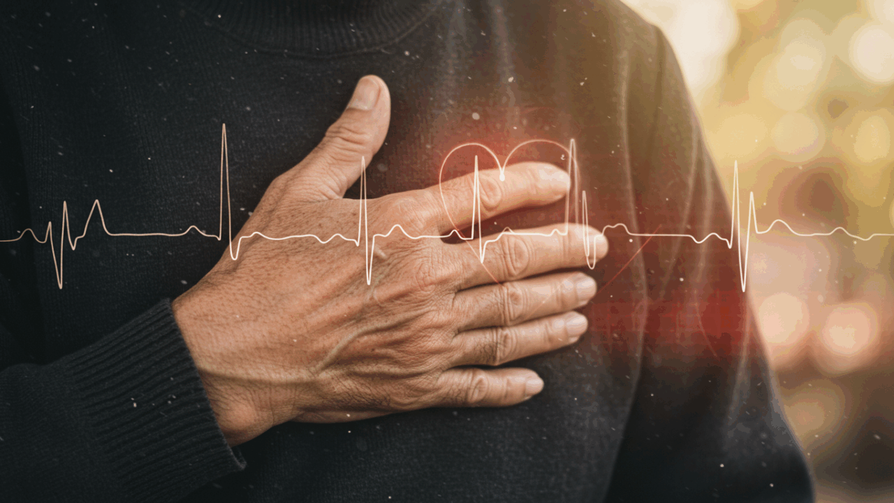 “Close-up of an elderly man’s hand resting over his heart, with faded heart monitor lines superimposed in background, soft bokeh effect, warm nostalgic light, message of peace and wisdom”