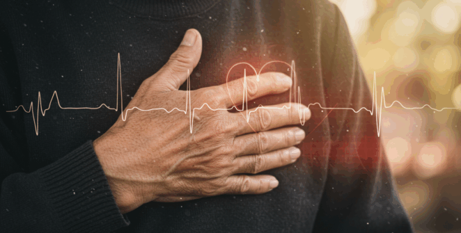 “Close-up of an elderly man’s hand resting over his heart, with faded heart monitor lines superimposed in background, soft bokeh effect, warm nostalgic light, message of peace and wisdom”
